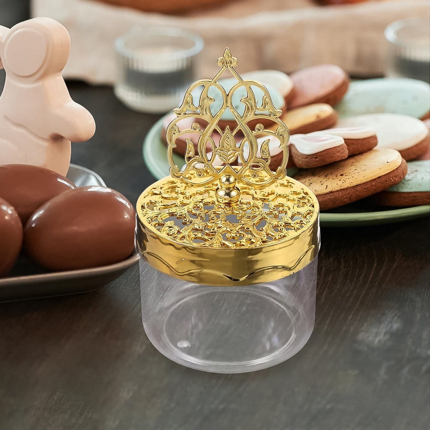 set of 5 plastic baby shower candy favor boxes for treats and gifts, best reusable candy containers for baby shower return gifts, transparent plastic boxes for baby party decoration and favors, cute and small gift boxes for baby arrival function in India,