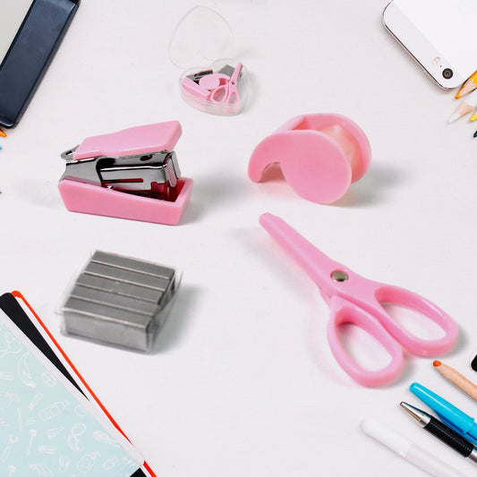 mini stationery set, compact office kit, stapler and scissors set, portable office tools, travel office stationery, tape dispenser mini, bottle pack stationery