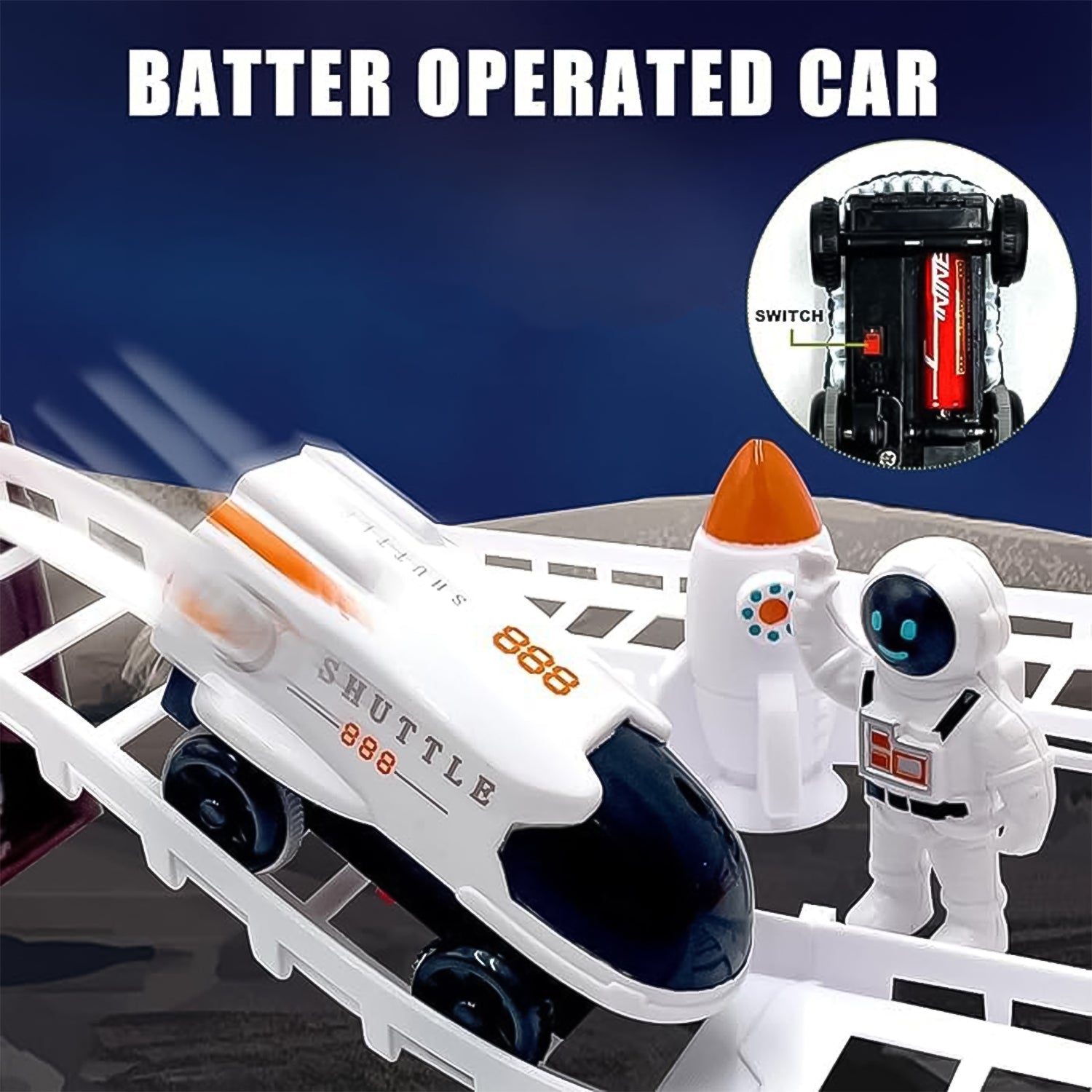 outer space race track toy set with battery shuttle and astronauts, interactive space theme playset for kids aged 3+, educational space shuttle toy with race track and lights