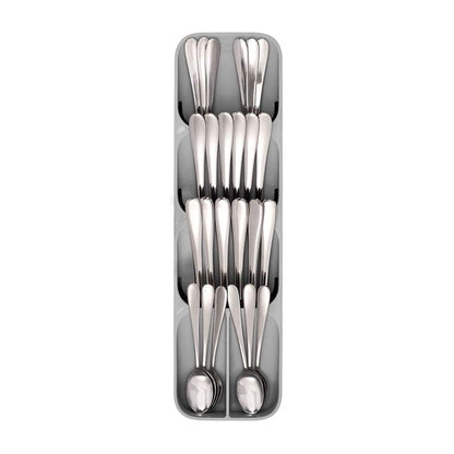 Top view of a cutlery tray box, ideal for keeping kitchen items organized, cutlery tray box, kitchen drawer organizer, plastic cutlery organizer, spoon fork knife holder, compact cutlery storage, modular kitchen tray, utensil tray