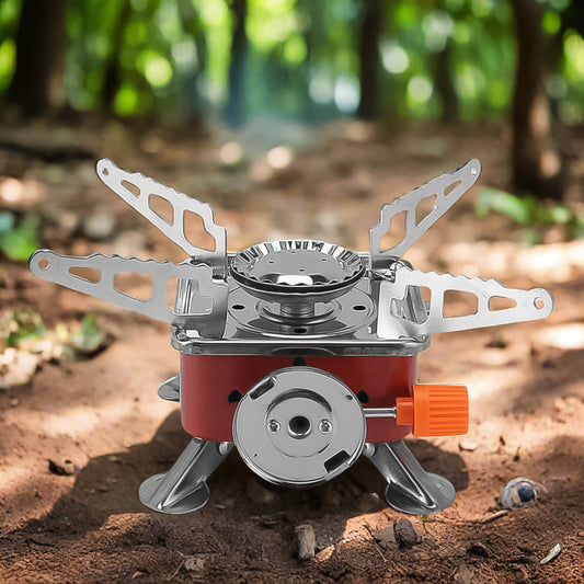 mini square 2800 W camping stove with foldable legs, portable butane gas burner outdoor, compact foldable square camping gas burner 2800W, USB‑ignition mini stove for camping hiking, windproof metal mini square burner portable stove

