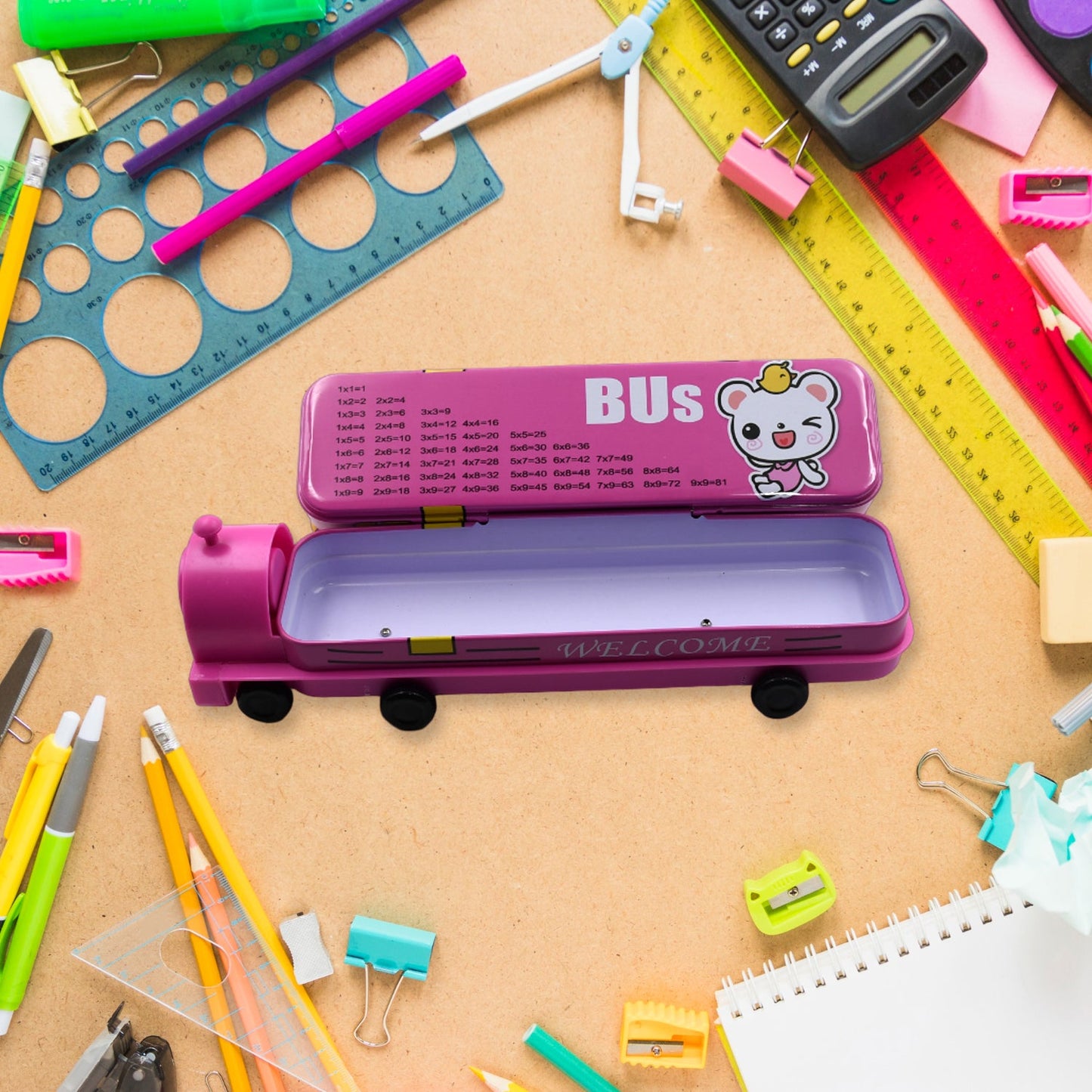 Metal bus pencil box, two layers, sharpener included. bus shape compass box, metal pencil case for kids, 2 layer kids compass box, sharpener pencil box, double decker bus stationery box, kids birthday gift