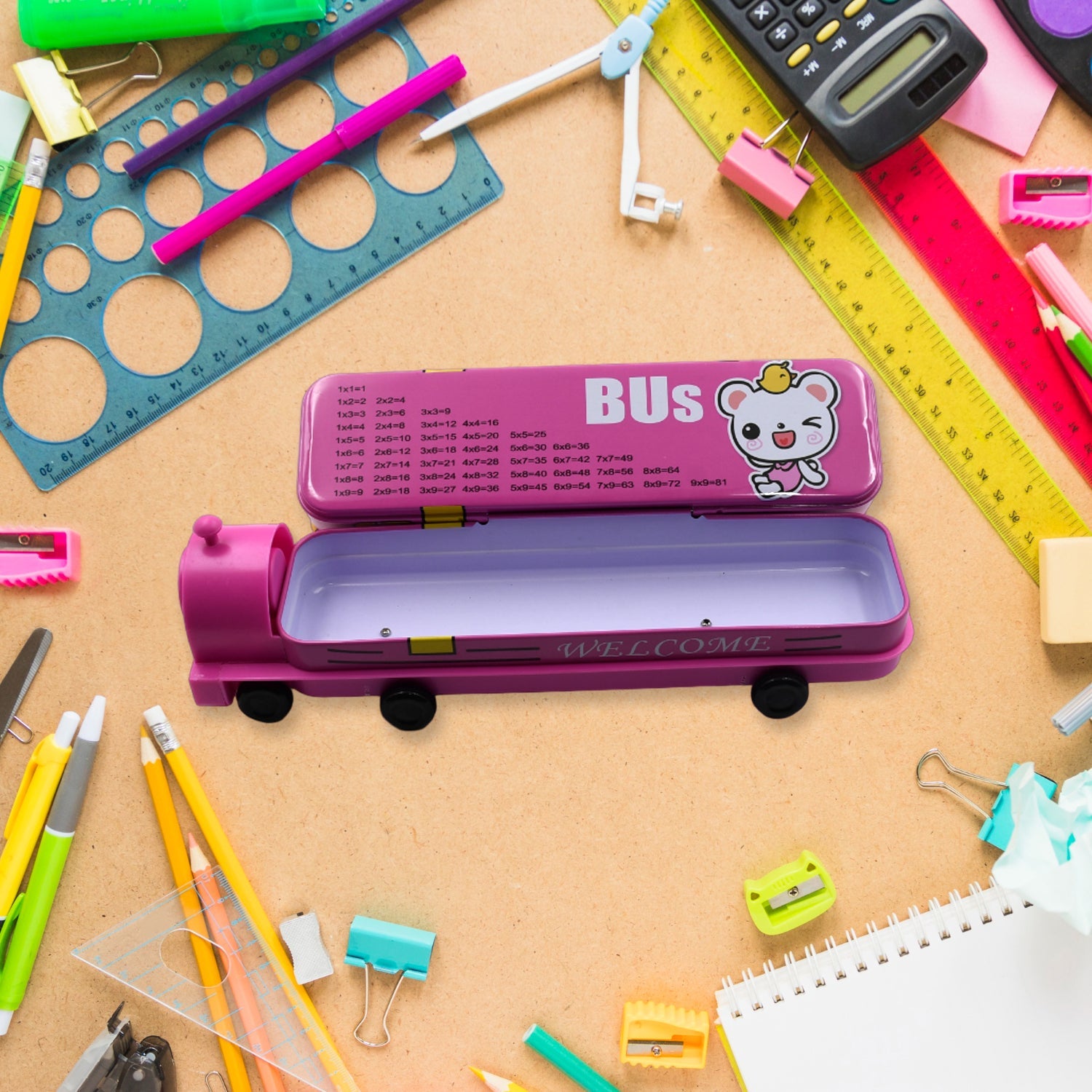 Metal bus pencil box, two layers, sharpener included. bus shape compass box, metal pencil case for kids, 2 layer kids compass box, sharpener pencil box, double decker bus stationery box, kids birthday gift