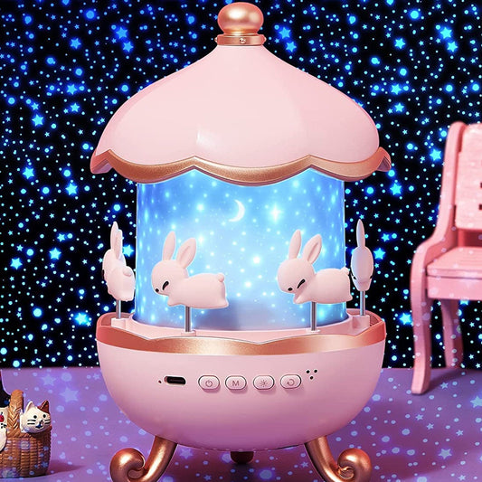 bunny carousel rotating LED night light for kids room, USB rechargeable star projector lamp with music, cute bunny night light with rotating carousel design,