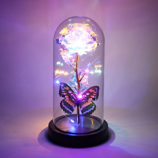 led light up eternal rose in glass dome, decorative rose lamp with butterfly and LED lights, transparent dome rose light with battery operation,
