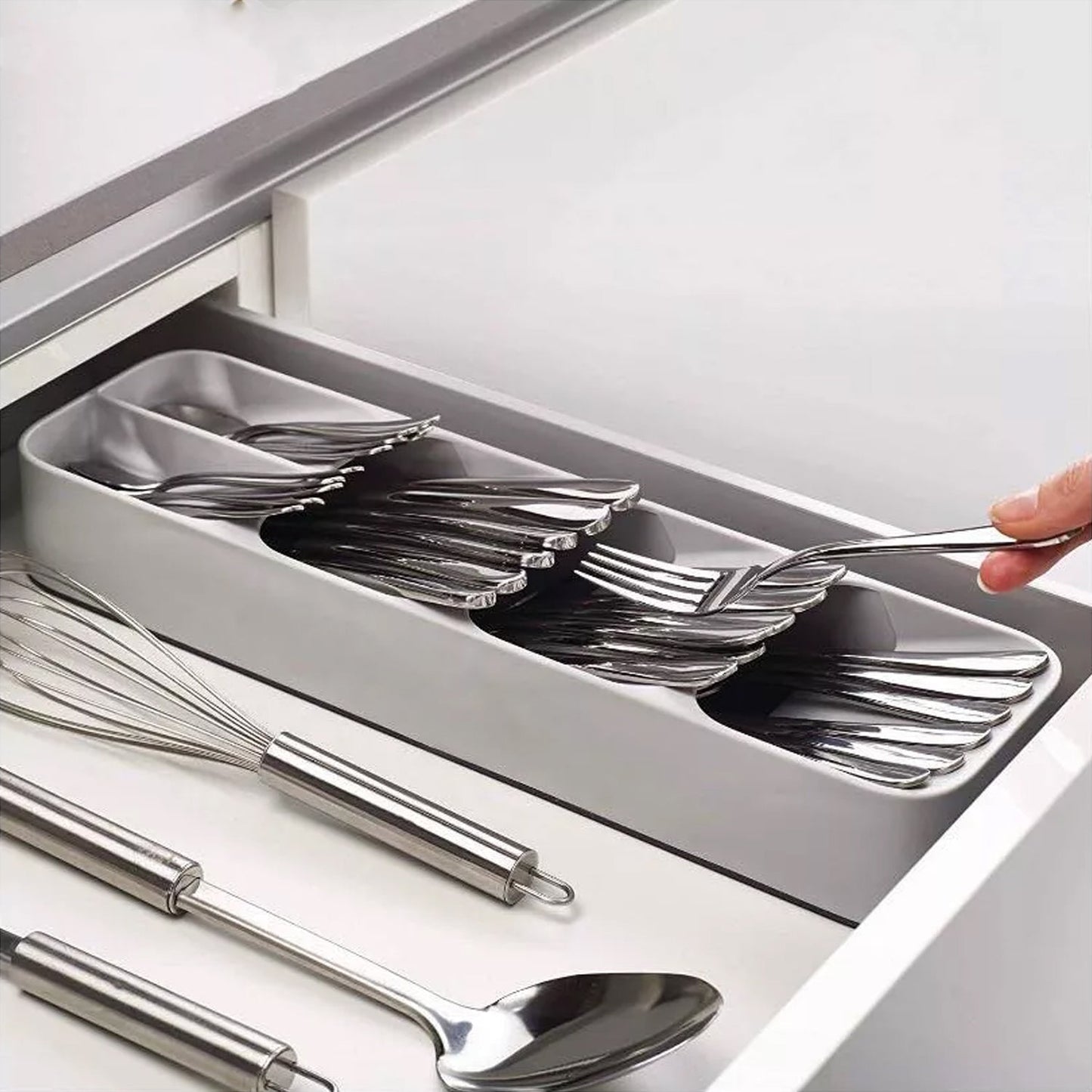 Cutlery tray box with compartments for various types of utensils, cutlery tray box, kitchen drawer organizer, plastic cutlery organizer, spoon fork knife holder, compact cutlery storage, modular kitchen tray, utensil tray