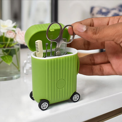 professional manicure pedicure kit with mini trolley case, stainless steel nail care tools set for home and salon, 8-piece grooming kit with rolling storage box, portable manicure kit with 4-wheel trolley, nail care kit with travel-friendly trolley case,