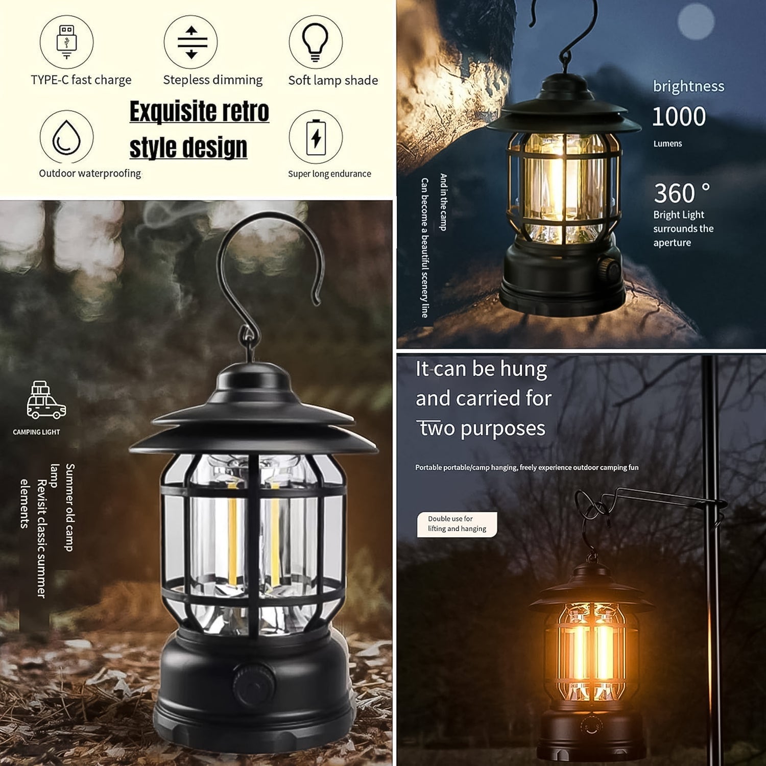 vintage style LED battery lamp for tents, portable Type-C rechargeable light for hiking, emergency light lantern with rechargeable battery,