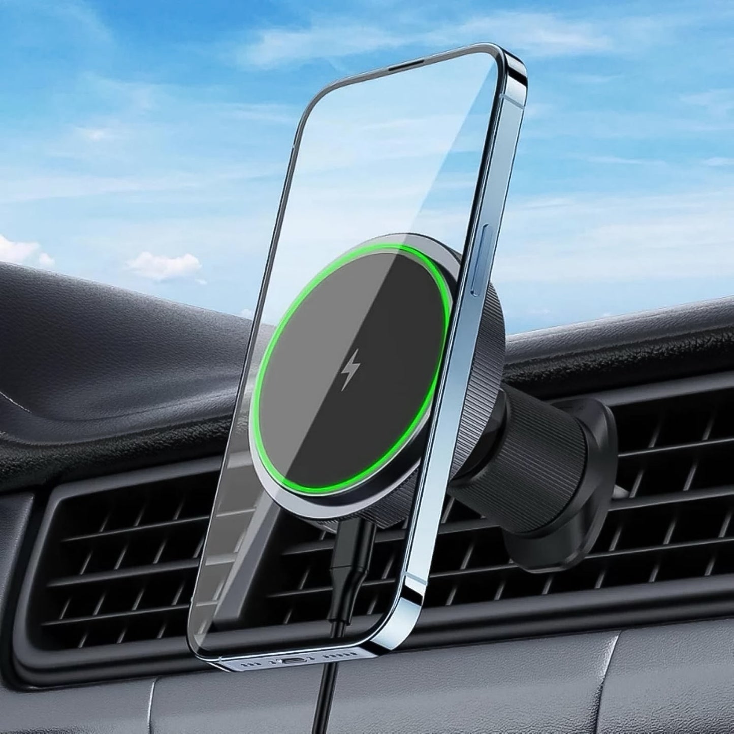 magnetic phone holder with wireless fast charging and LED lights, fast wireless charger with music reactive lighting effects, mobile stand with magnetic mount and LED charging dock, car phone mount wireless charger with colorful LED display,