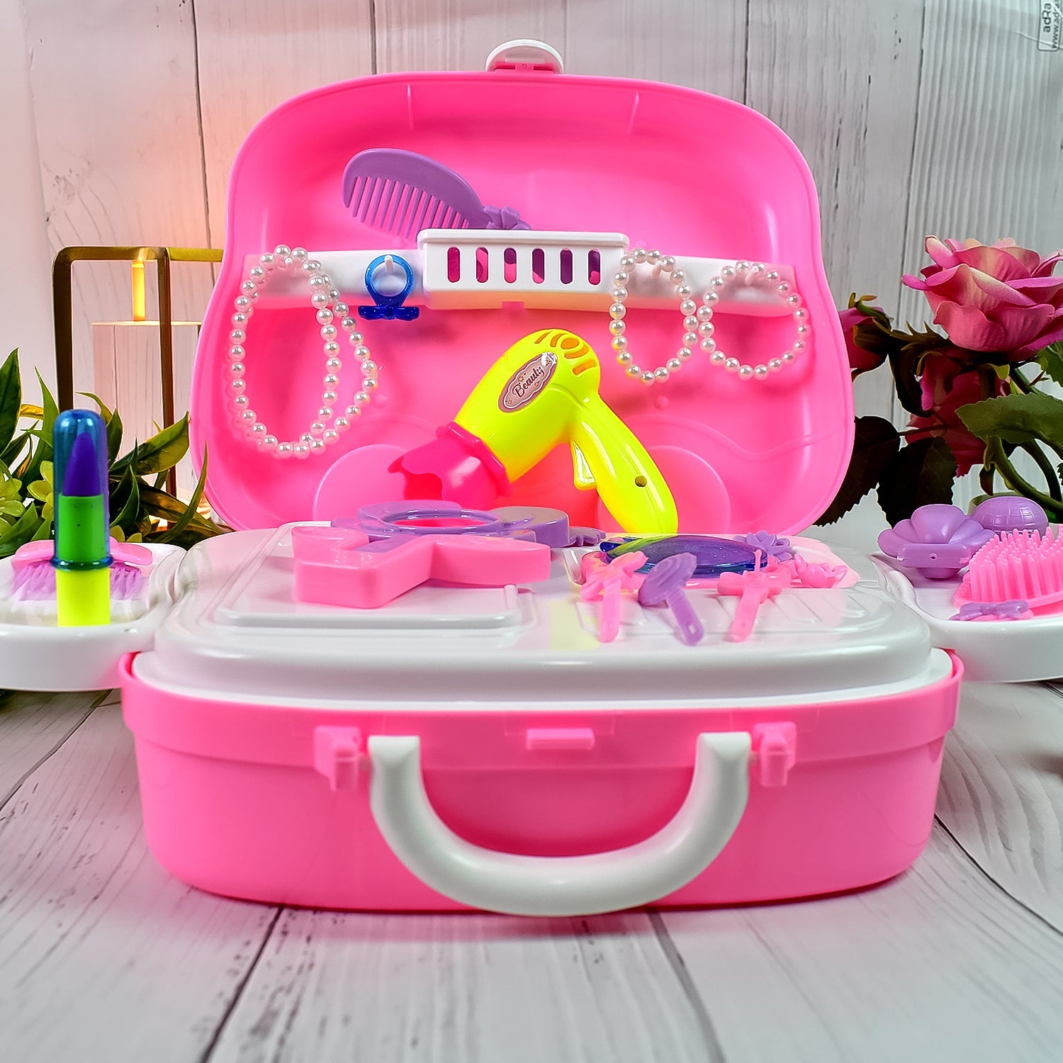 toy salon kit with safe makeup for children, all-in-one makeup suitcase playset for girls, kids beauty box for imaginative play and learning, travel friendly toy makeup case for toddlers, complete pretend makeup kit with accessories for children