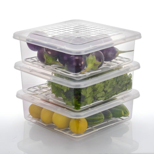 plastic food storage containers with drain tray and lid, 3 piece fridge organizer boxes for vegetables and fruits, stackable food containers with removable tray, airtight storage containers for refrigerator use, fridge boxes with water drainage tray and cover,