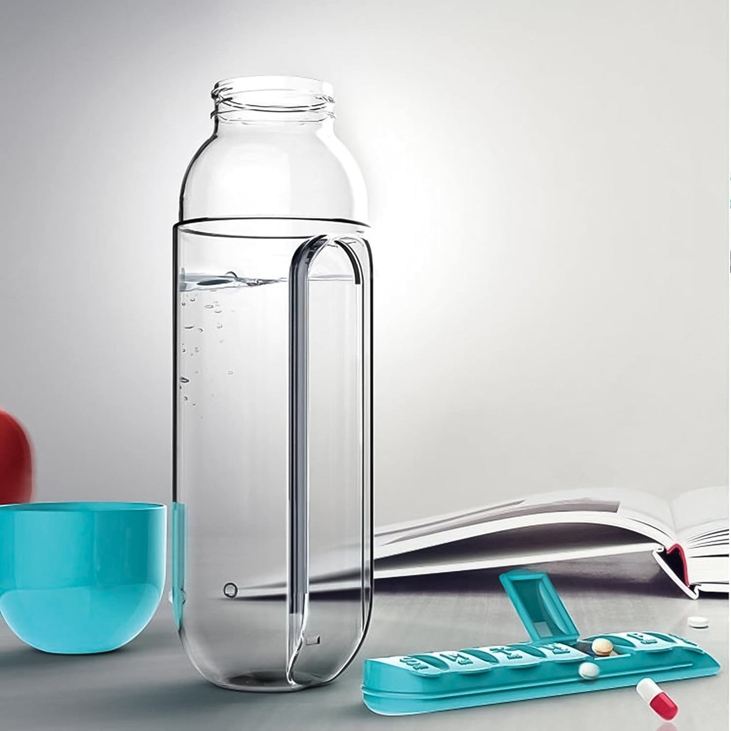 hydration bottle with vitamin pill box for fitness, travel-friendly pill organizer with drink bottle, pill holder water bottle for college and office, daily medication reminder bottle with water