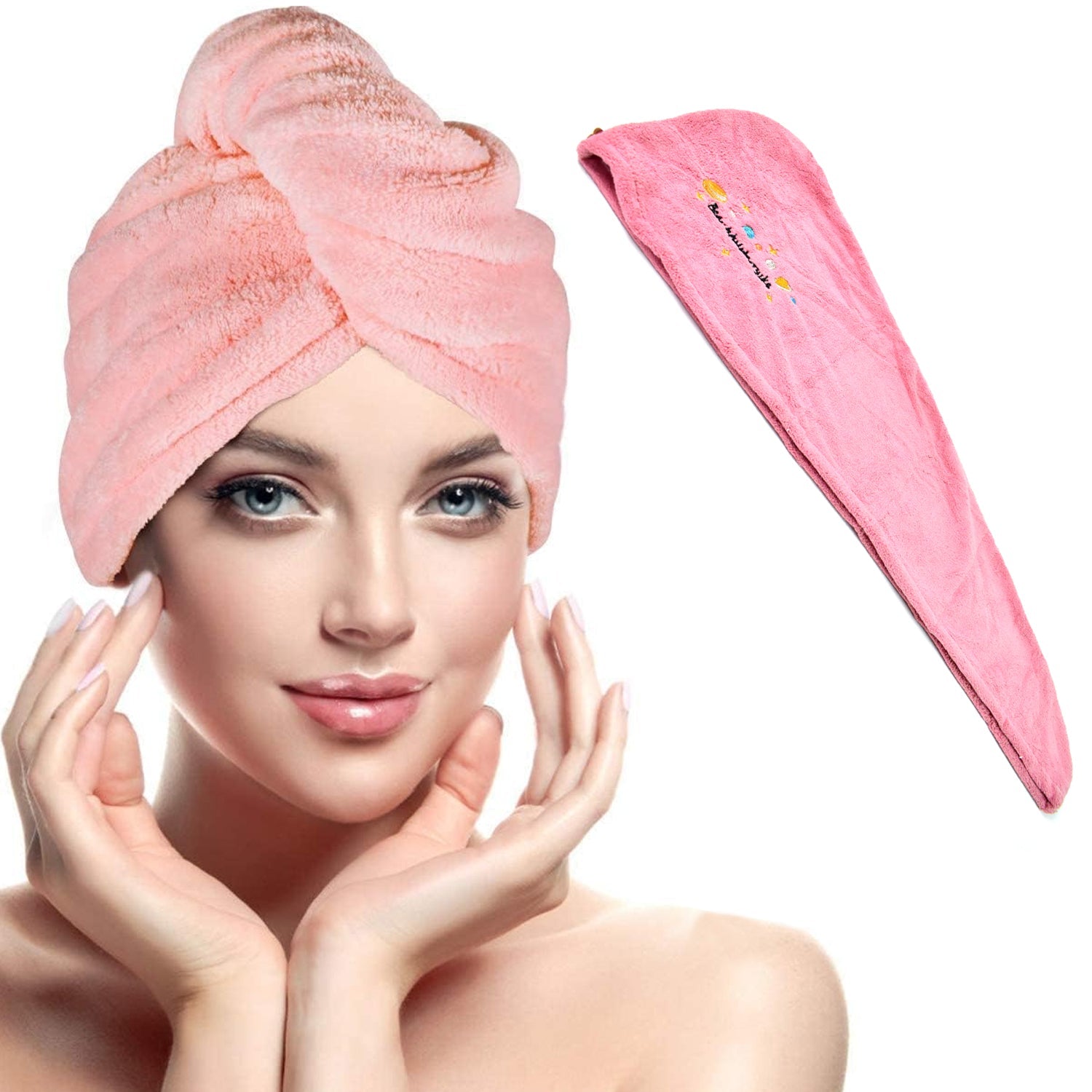 microfiber hair wrap towel cap for women and girls, quick dry hair towel for frizz-free smooth hair, super absorbent microfiber towel for wet and long hair, lightweight hair towel turban with secure button, easy to use hair wrap for after shower,
