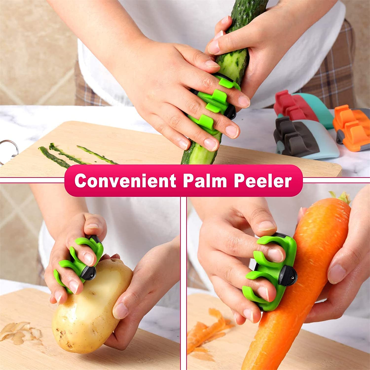 hand palm peeler, vegetable peeler tool, potato peeler with finger grip, kitchen fruit peeler, palm grip peeler, rubber grip peeler, quick peel kitchen tool