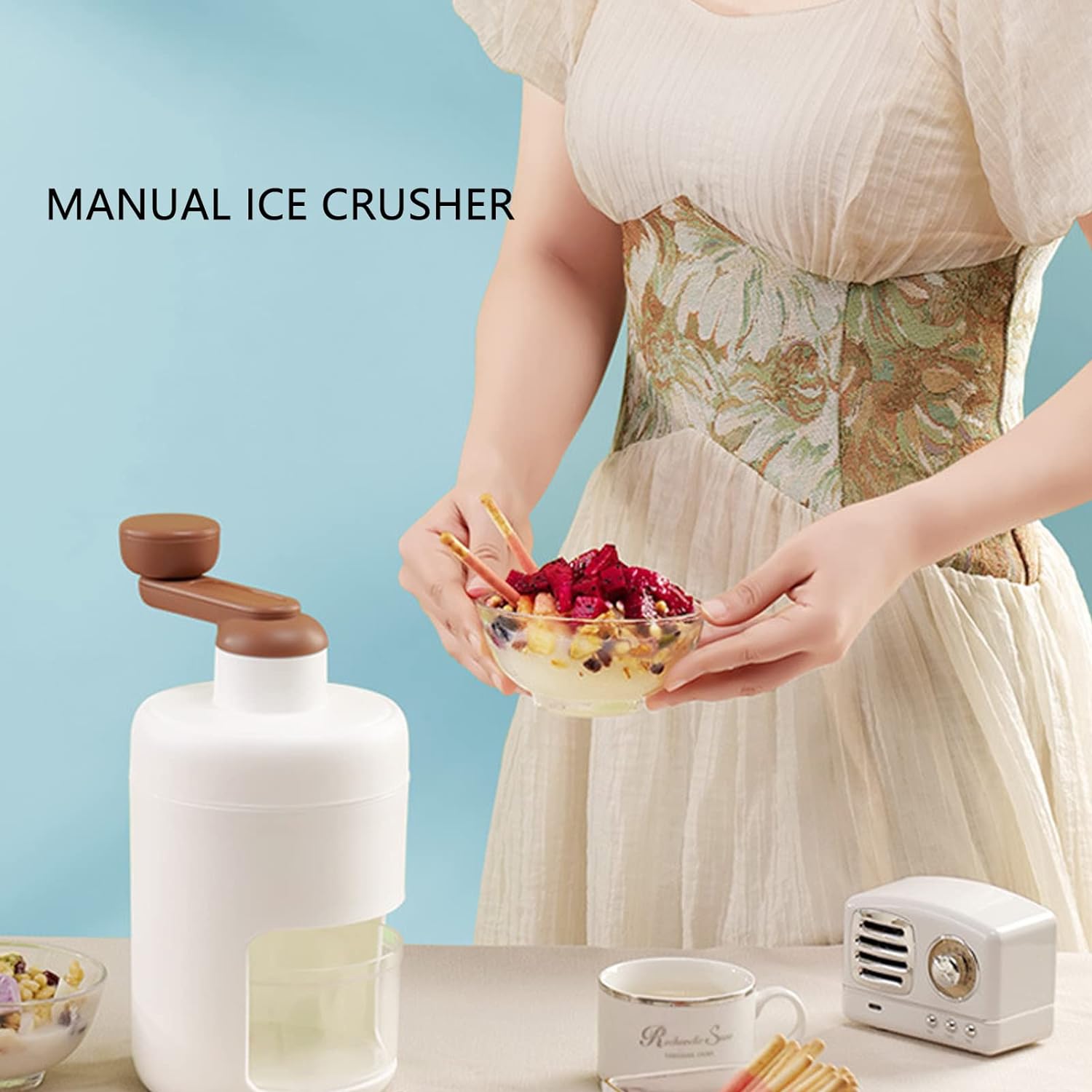 Mini household ice crusher, hand-operated for shaved ice. gola maker, manual ice crusher, shaved ice machine, snow cone maker, smoothie ice crusher, ice shaver for home, portable gola machine