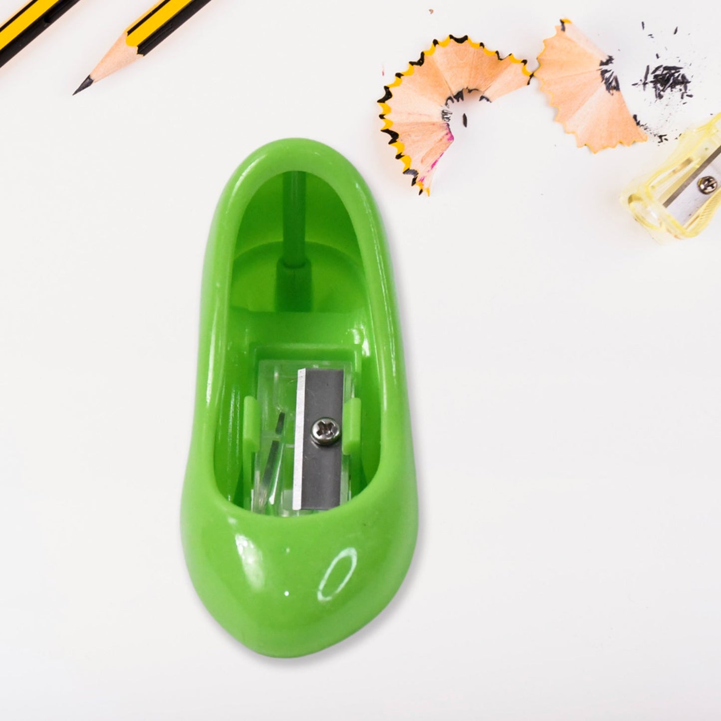 high heels shape novelty pencil sharpener set of 4 for kids, stylish and colorful shoe-shaped pencil sharpener for girls, cute pencil sharpeners in fun design for school use, best novelty stationery sharpeners for return gifts, creative sharpener set for kids in high heel design,