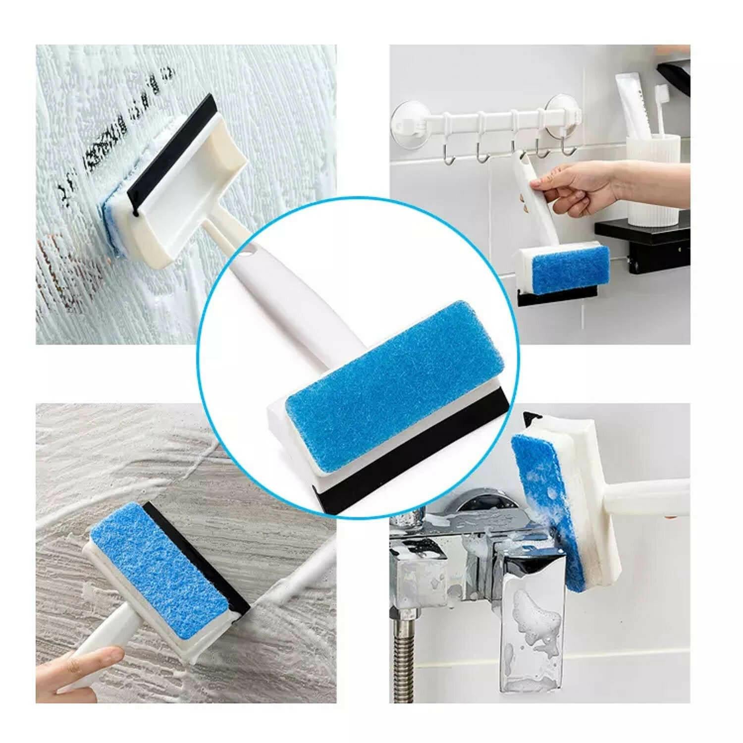 Handy glass wiper with brush for bathroom and window cleaning, glass wiper, mirror cleaning brush, tile scrubber, grout cleaner, pot brush, kitchen wiper tool, double sided cleaning brush, bathroom scrubber, window wiper