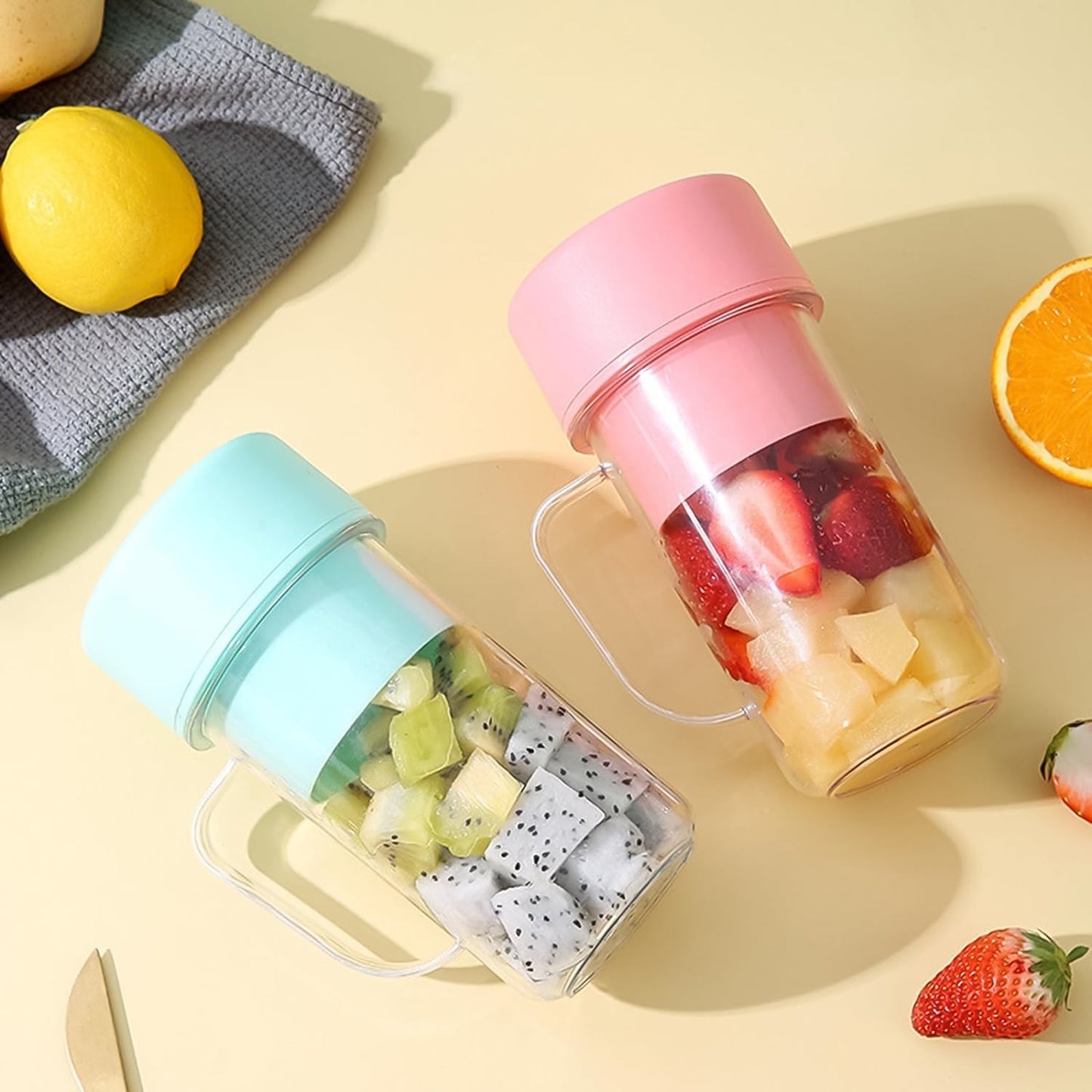 portable crusher juicer with 6 stainless blades, travel-friendly juice blender with USB charging, 420ml fruit mixer blender for office and outdoor