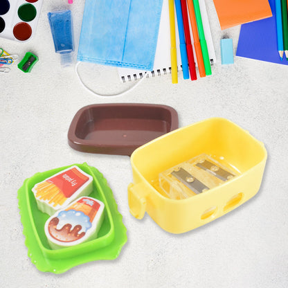 burger shape double hole pencil sharpener with eraser for kids, fun and colorful cartoon pencil sharpener for school students, cute stationery set for children with eraser and sharpener, double hole sharpener for thick and thin pencils