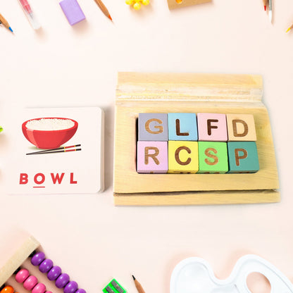 ABC flashcards with matching wooden letters, Montessori learning toy for spelling and reading, vocabulary builder toy with wooden alphabet blocks, spelling and word recognition game for children,