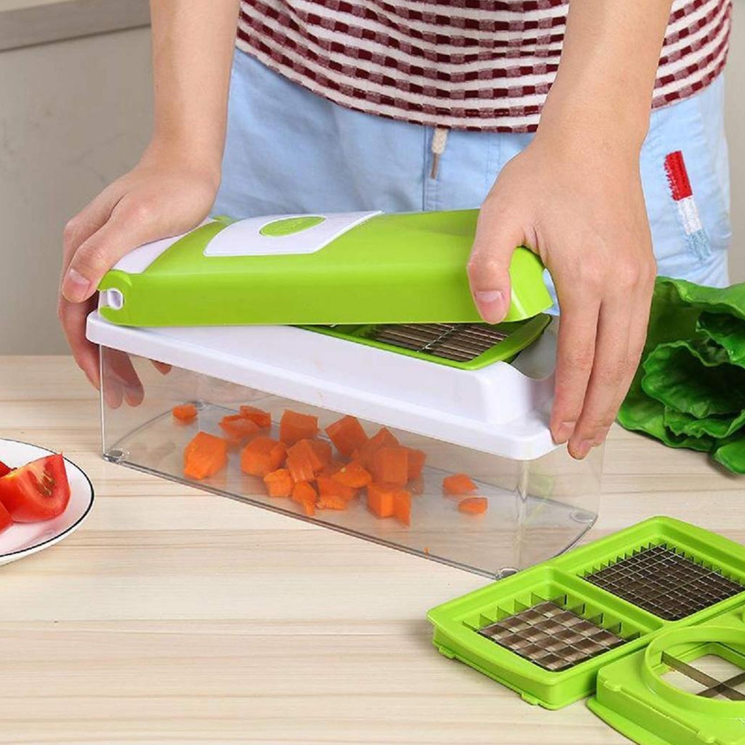 Manual vegetable grater with multiple slicing options. vegetable chopper, 13 in 1 chopper, multipurpose cutter, fruit slicer, kitchen grater, vegetable slicer set, kitchen tools combo, plastic chopper with container, stainless steel vegetable cutter, fruit chopper