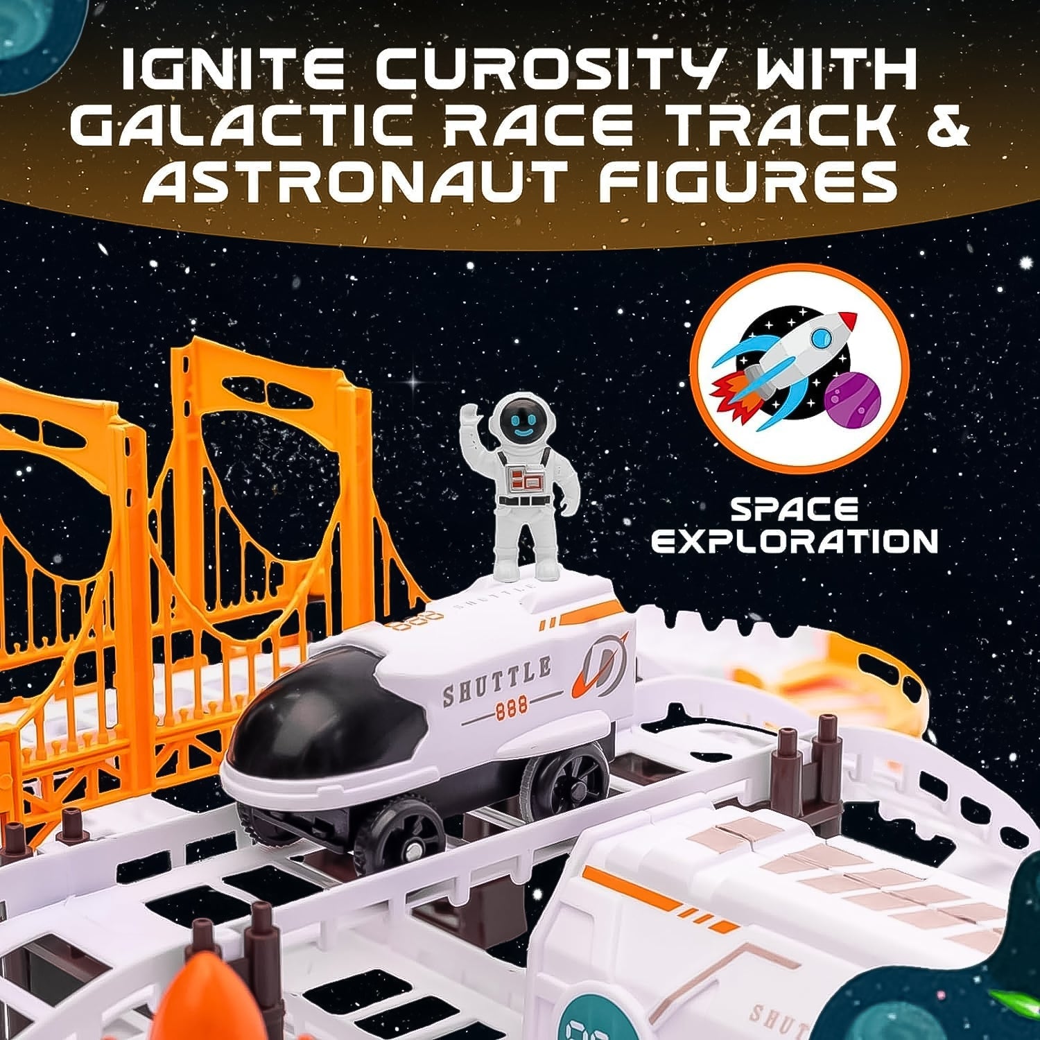 educational space toy for children, battery powered space track with lights, interactive space race game for kids, imaginative play space station track set