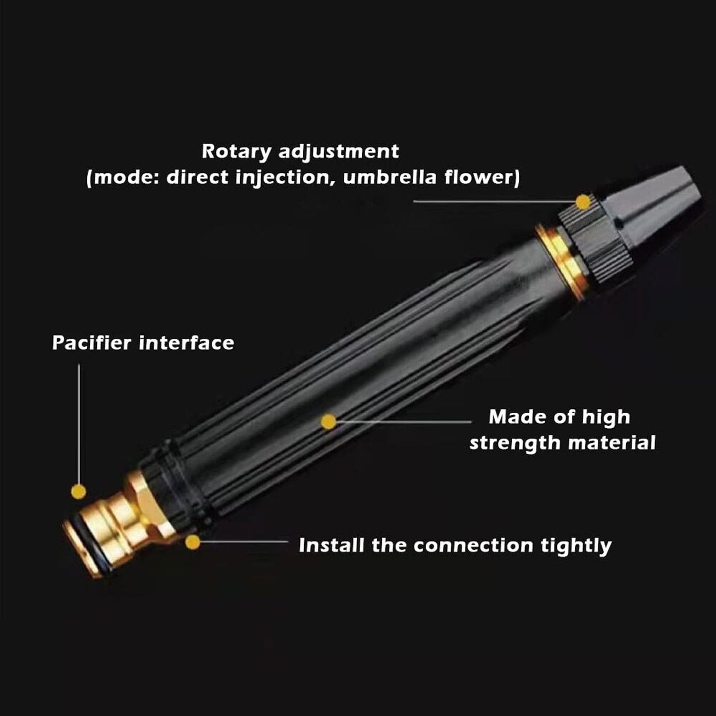 Detailed view of the alloy water gun nozzle. high pressure water gun, car wash spray gun, metal nozzle, garden water spray, adjustable spray gun, outdoor cleaning tool, heavy duty nozzle