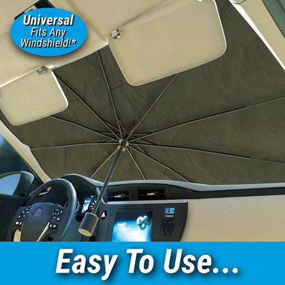 car windshield sunshade, foldable car umbrella, brellashade, car heat protection, UV blocker car shade, windshield umbrella, SUV sunshade, car interior protection
