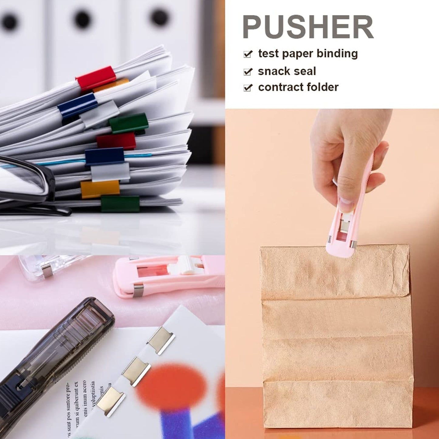 portable paper clamp with 8 clips handheld, handheld paper fastener tool for office school home, ergonomic clip dispenser paper fastener set