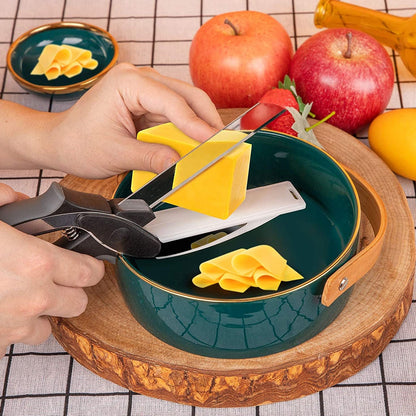Multi-purpose chopper and slicer for fruits and vegetables with handle. clever cutter, 2 in 1 food chopper, kitchen cutter tool, smart vegetable slicer, multi-purpose food chopper, fruit cutting knife, portable kitchen chopper