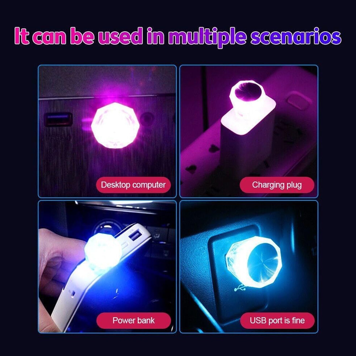 Close-up of diamond shape USB LED light, multi-color. mini USB LED light, diamond car LED light, white USB night lamp, car interior light, home decor USB lamp, portable USB LED light