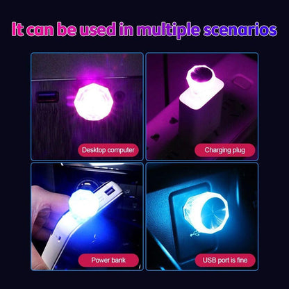 Close-up of diamond shape USB LED light, multi-color. mini USB LED light, diamond car LED light, white USB night lamp, car interior light, home decor USB lamp, portable USB LED light