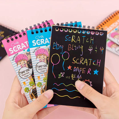 rainbow scratch paper, scratch art book for kids, scratch doodle pad, scratch paper with bamboo stick, kids craft paper, colourful art sheet, return gift