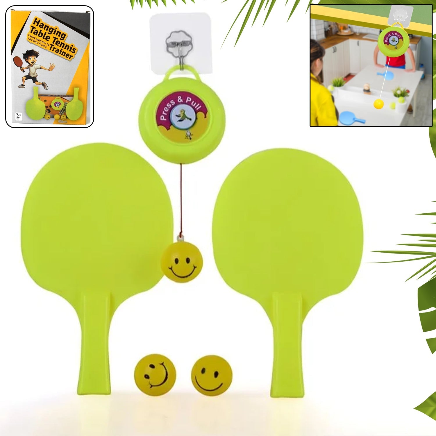 portable indoor hanging table tennis kit, table tennis self training set with 3 balls, table tennis training set for home and kids, indoor ping pong practice kit with hanging design, 