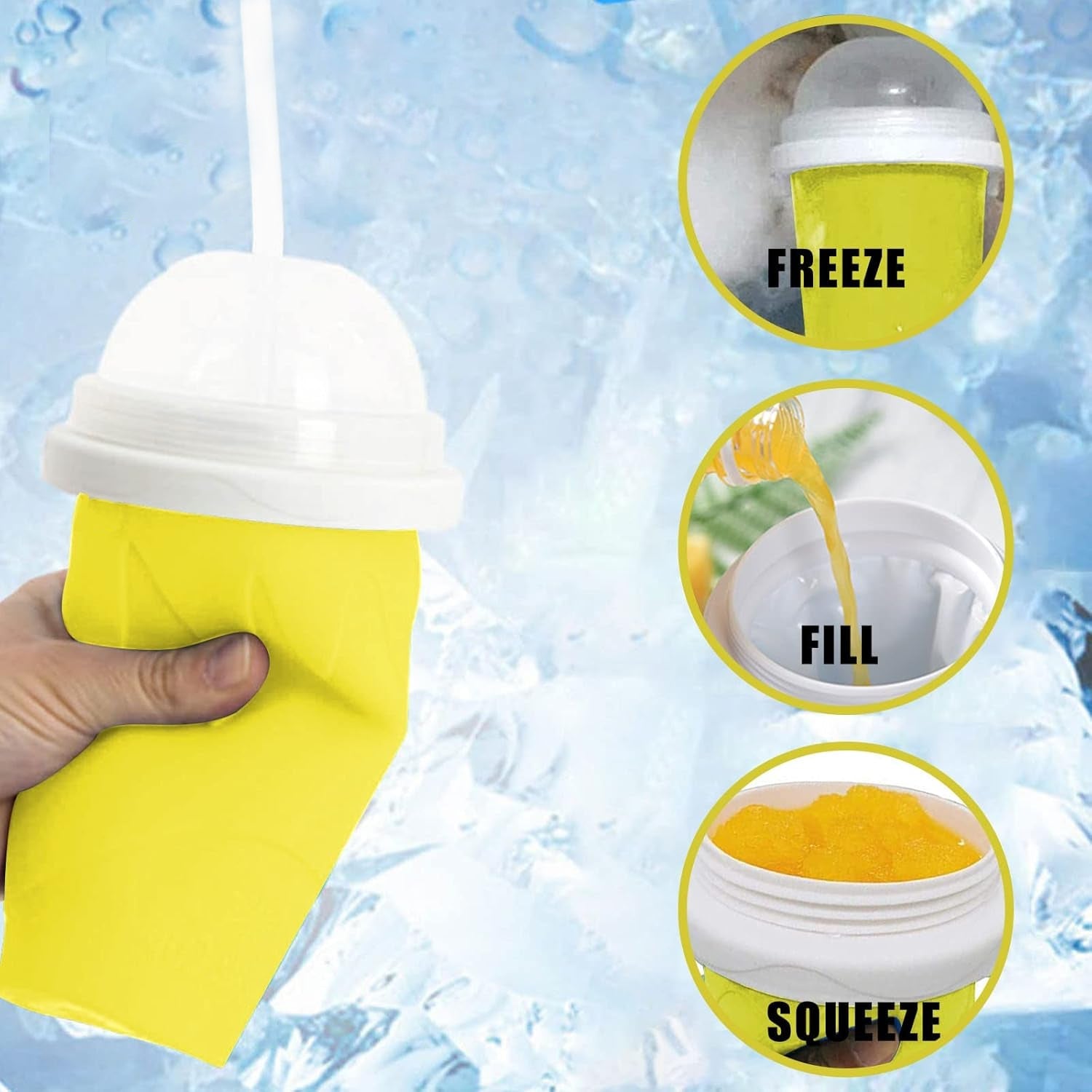 magic smoothie cup, slush maker cup, double insulated smoothie cup, slushie squeeze cup, frozen drink squeeze cup, DIY smoothie maker, portable ice cold drink cup

