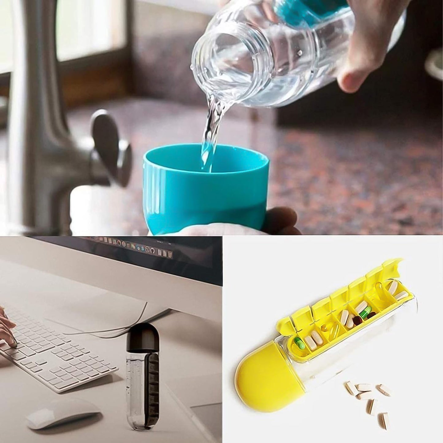 pill water bottle combo India, travel water bottle with pill organizer compartment, 600 ml pill holder bottle for gym and office, best water bottle with pill case for daily use,