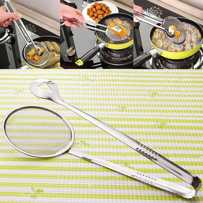 2 in 1 fry tool, stainless steel strainer spoon, cooking tongs with clip, oil filter spoon, BBQ tongs, multi-functional kitchen tool, frying strainer, mesh spoon for frying, food lifter with strainer, stainless steel kitchen tong, Indian kitchen fry tool