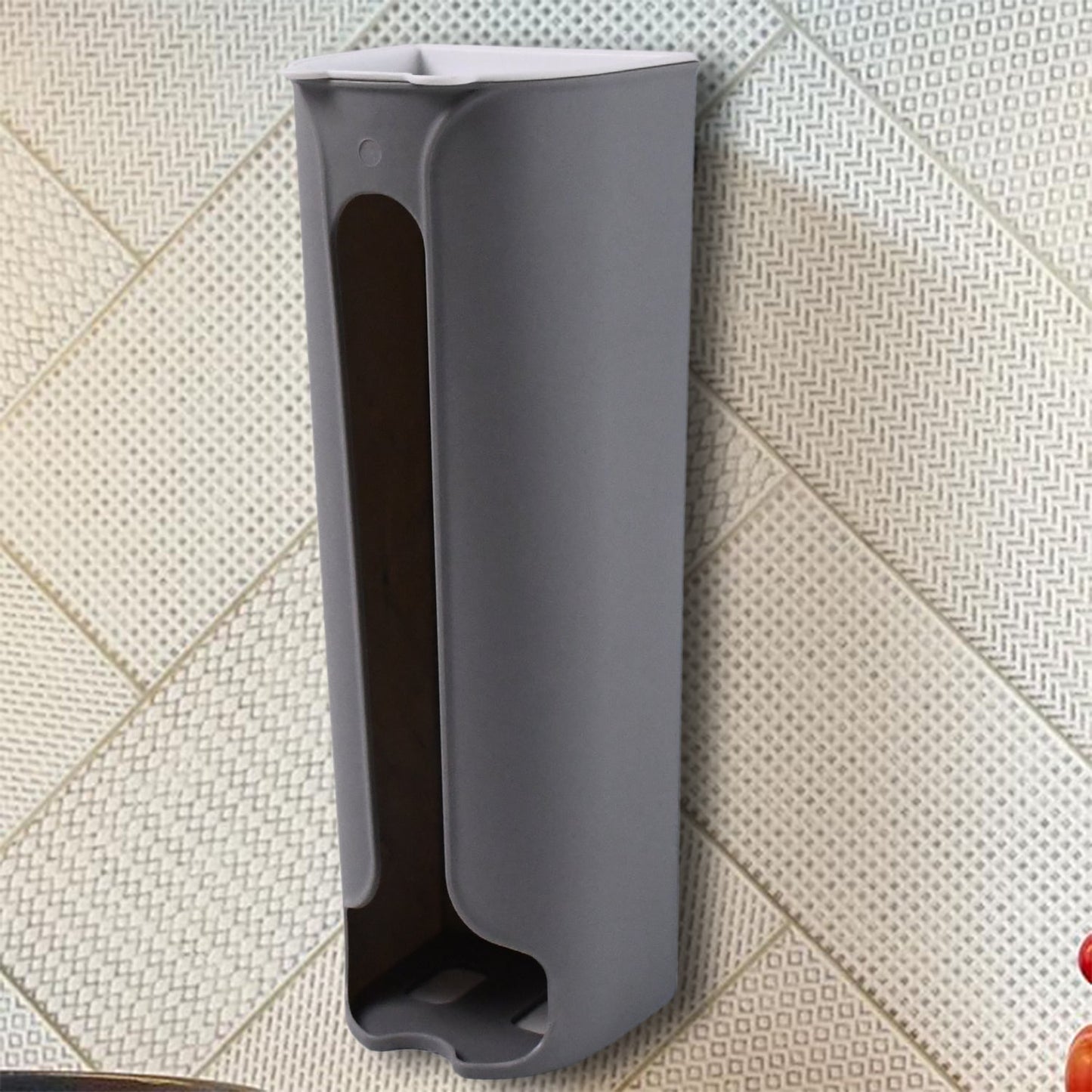 wall mounted bag holder for polythene and garbage bags, space saving bag holder for kitchen walls, easy access trash bag dispenser for household use, plastic grocery bag storage solution for daily use, portable bag holder for cabinets and walls