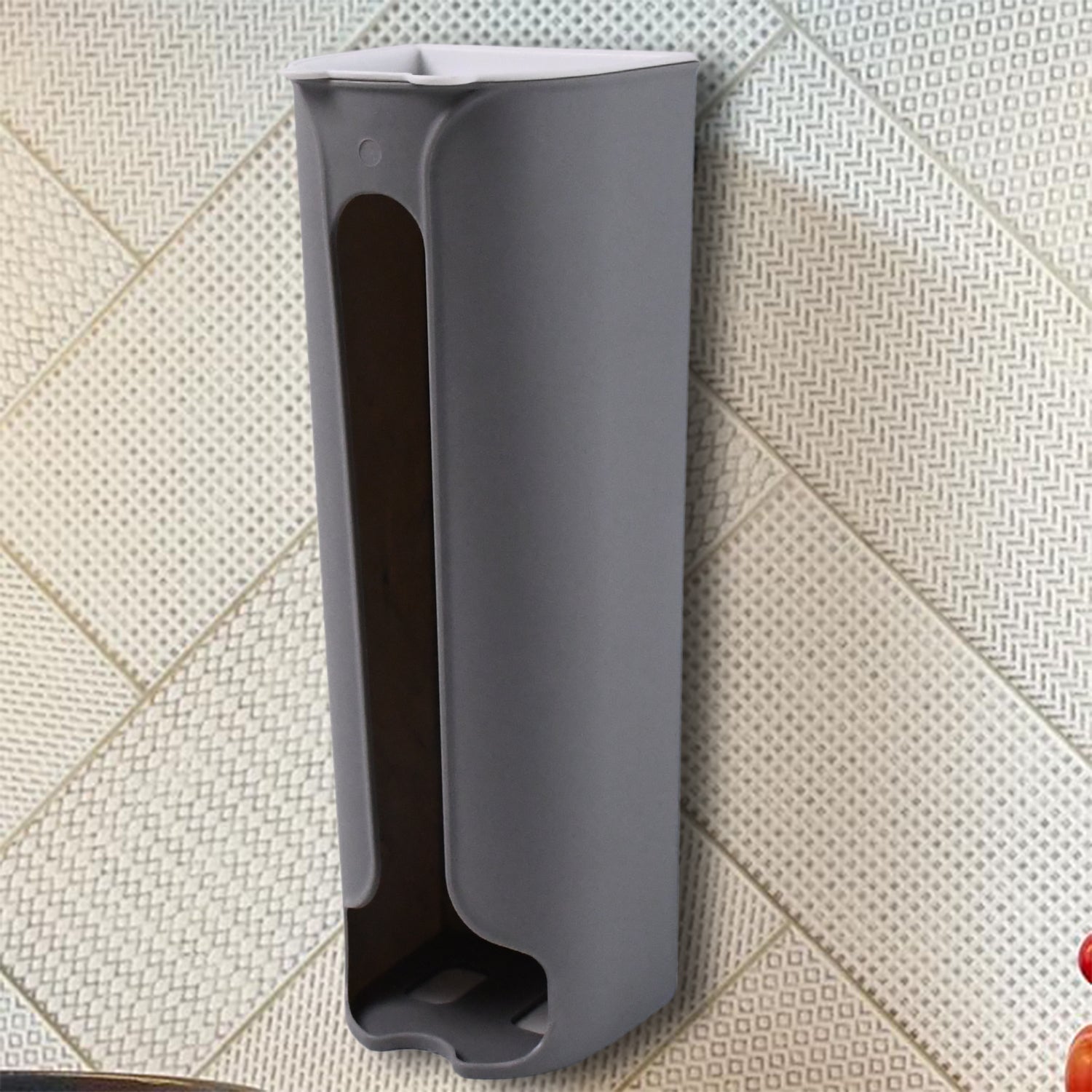 wall mounted bag holder for polythene and garbage bags, space saving bag holder for kitchen walls, easy access trash bag dispenser for household use, plastic grocery bag storage solution for daily use, portable bag holder for cabinets and walls