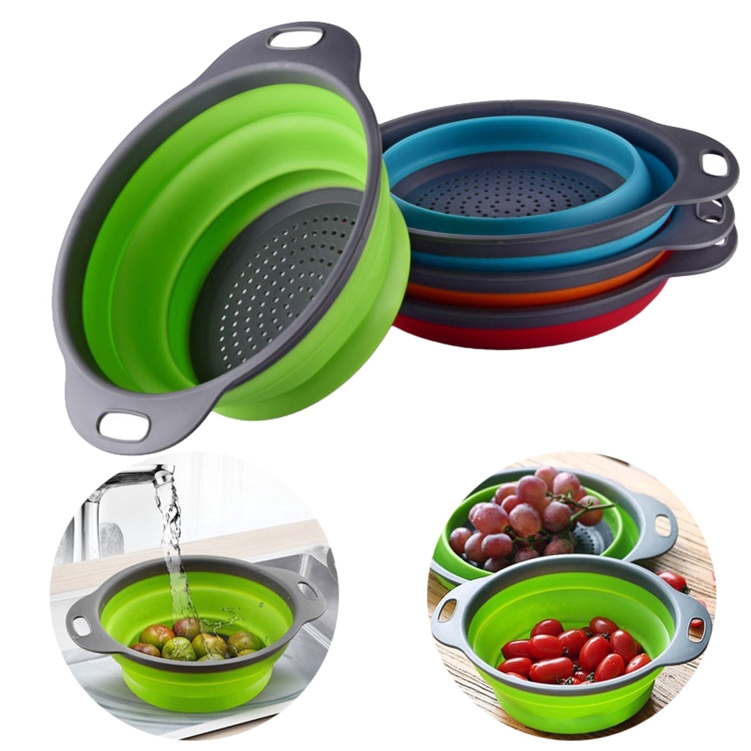 foldable silicone strainer, round kitchen strainer, portable colander, collapsible strainer, silicone fruit washer, vegetable rinser, compact kitchen tool