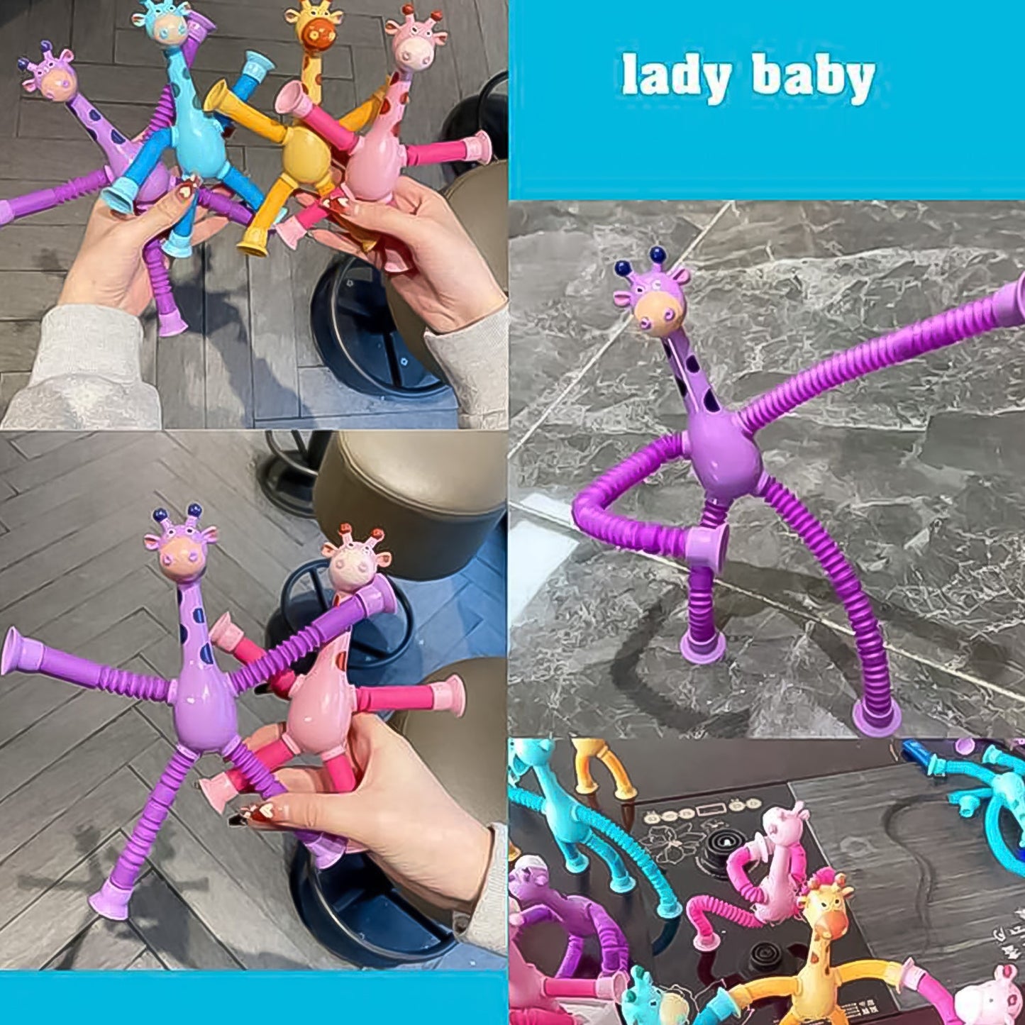 bendable pop tube giraffe toy with LED light, stress relief LED giraffe fidget tube suction toy, kids’ telescopic giraffe pop tube toy with suction cup