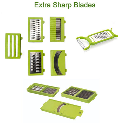 Versatile plastic grater and slicer, includes multiple attachments. vegetable chopper, 13 in 1 chopper, multipurpose cutter, fruit slicer, kitchen grater, vegetable slicer set, kitchen tools combo, plastic chopper with container, stainless steel vegetable cutter, fruit chopper