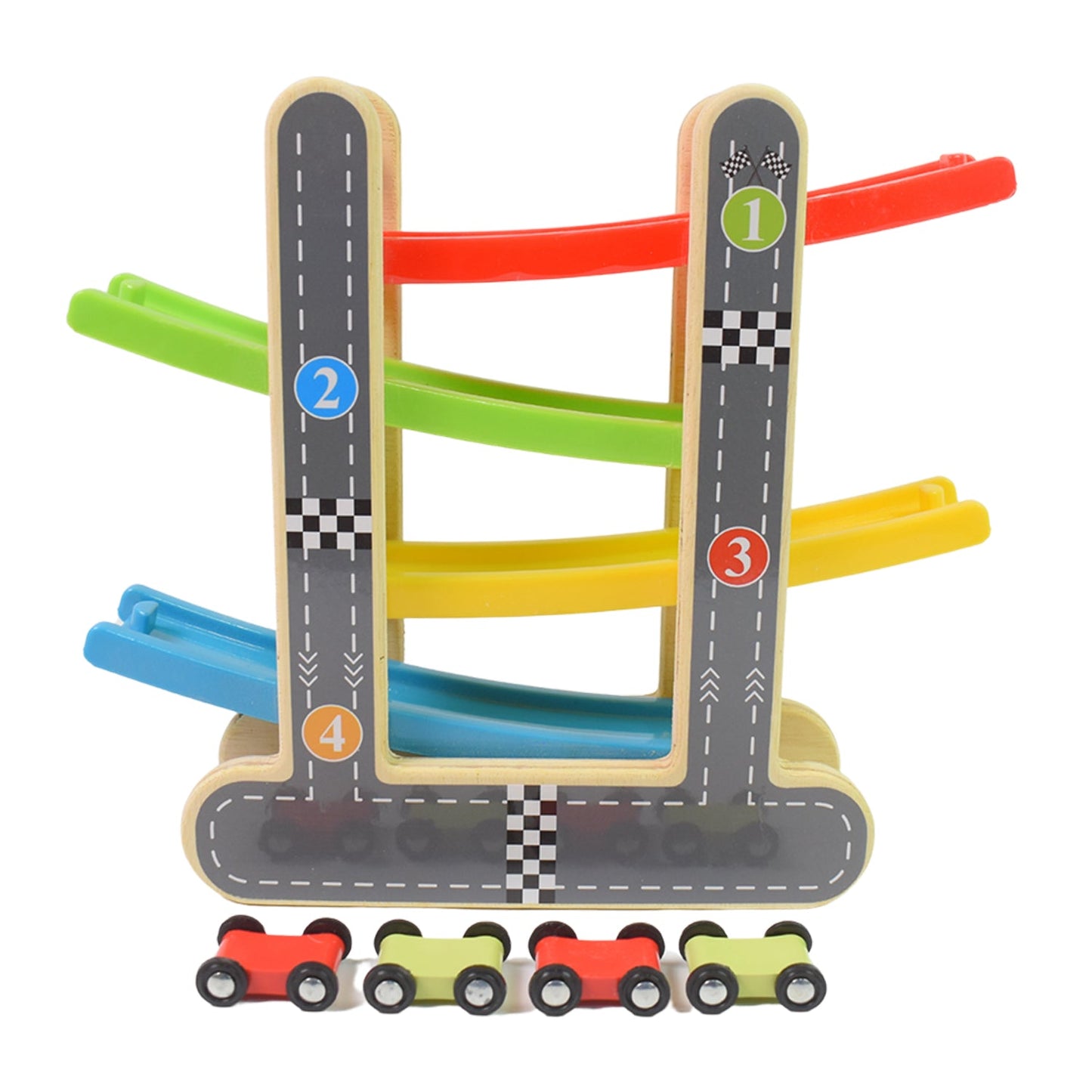 eco-friendly wooden race track toy for child development, wooden gravity ramp car toy for 2+ year old, fun and educational car racer play set for preschoolers, durable wooden click clack toy with colorful cars, non-toxic wooden toy set with ramp and racers,