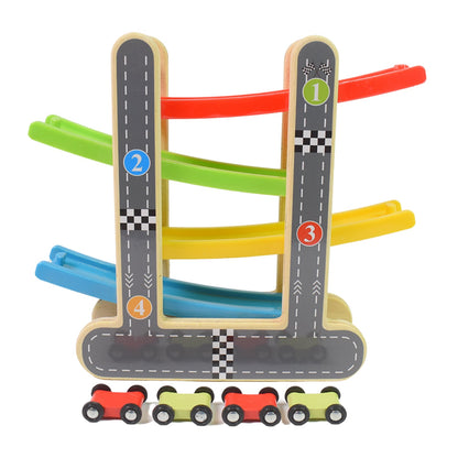 eco-friendly wooden race track toy for child development, wooden gravity ramp car toy for 2+ year old, fun and educational car racer play set for preschoolers, durable wooden click clack toy with colorful cars, non-toxic wooden toy set with ramp and racers,