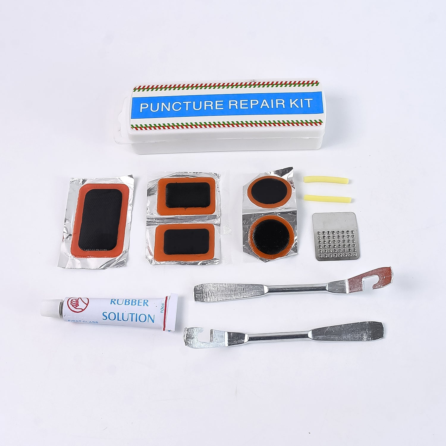 bicycle tire repair kit with adhesive patches, puncture repair toolset for cycle tires, portable tire patch kit for bicycles, cycle puncture repair kit with glue and tools, compact bike tire repair kit for roadside emergencies, cycle tire patch set with rubber adhesive, portable puncture repair tools for biking, emergency bicycle tire fixing kit, adhesive tire patch kit for cycle riders, all-in-one cycle tire puncture repair solution

