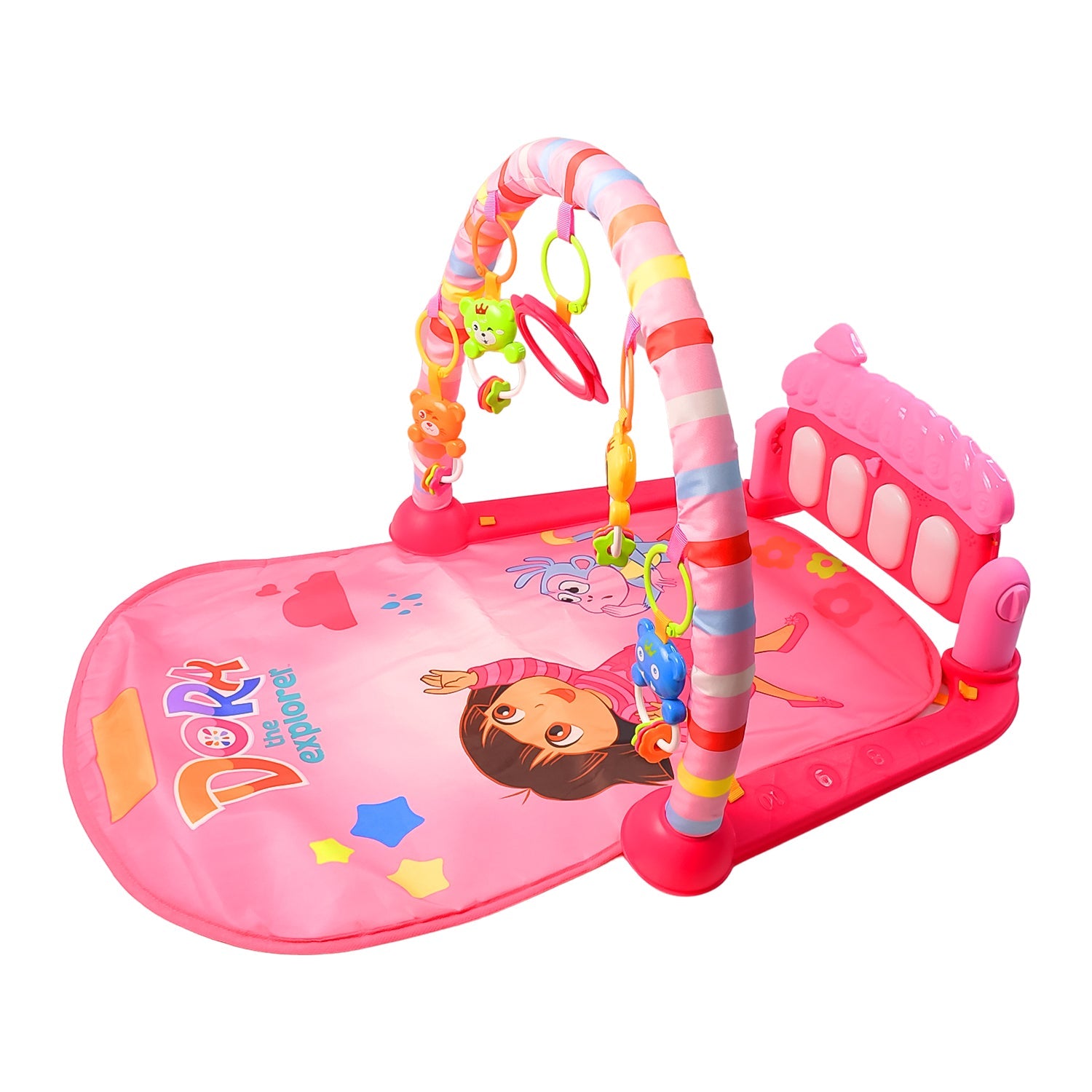 kick and play musical fitness rack for newborns, colorful baby play gym with interactive piano keys, playmat for babies with sensory and motor skill development, infant activity gym with removable toys and music, soft cushioned piano playmat for infants and toddlers

