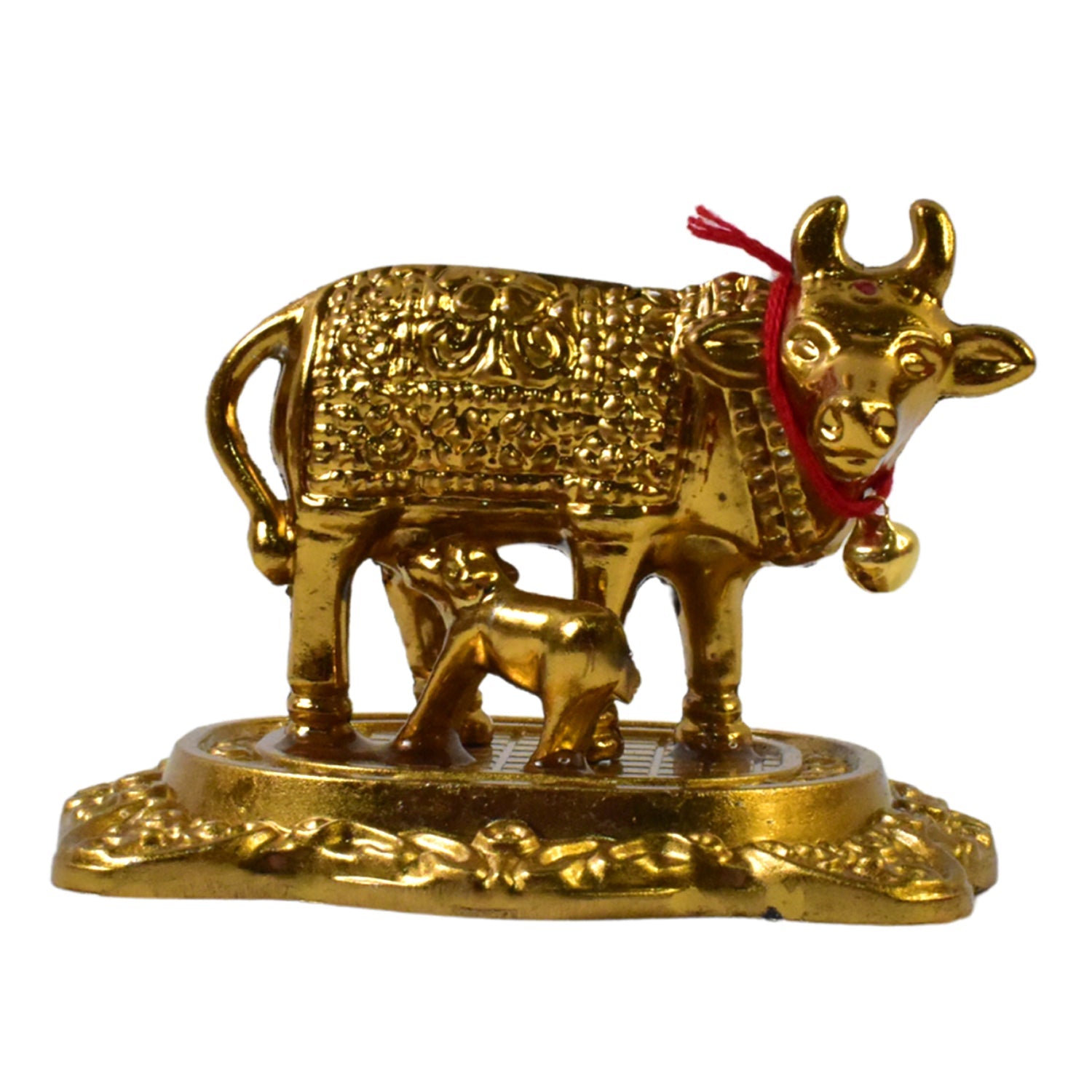 gold-finished Kamadhenu murti for gifting and religious purposes, beautifully crafted Kamdhenu cow idol for home mandir, sacred cow and calf figurine for prosperity and protection, 