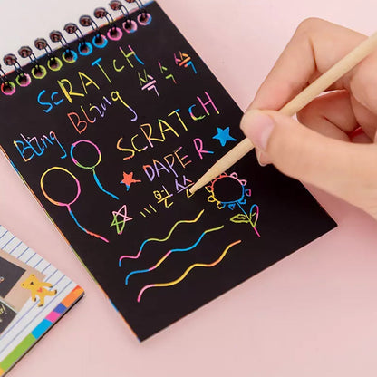 rainbow scratch paper, scratch art book for kids, scratch doodle pad, scratch paper with bamboo stick, kids craft paper, colourful art sheet, return gift
