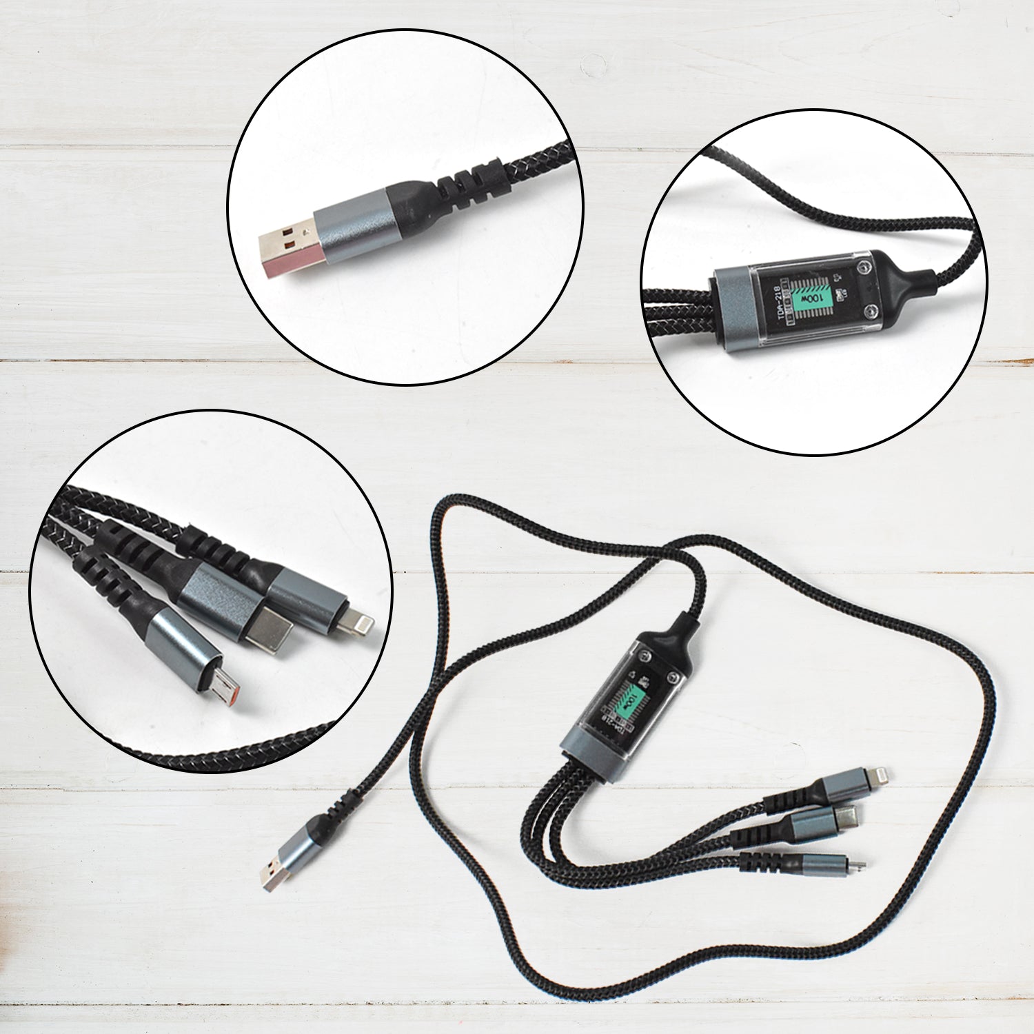 nylon braided 3‑in‑1 USB C Lightning Micro charger India, LED indicator fast charge 3‑in‑1 cable 1.2 m

