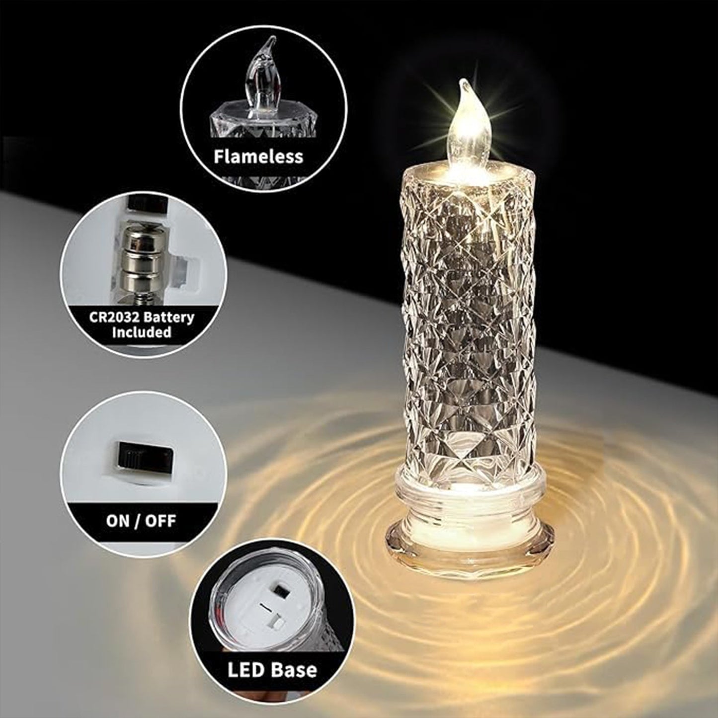 rose crystal candle, LED home décor candle, battery operated candle, glitter candlelight, romantic decoration candle, Diwali candles